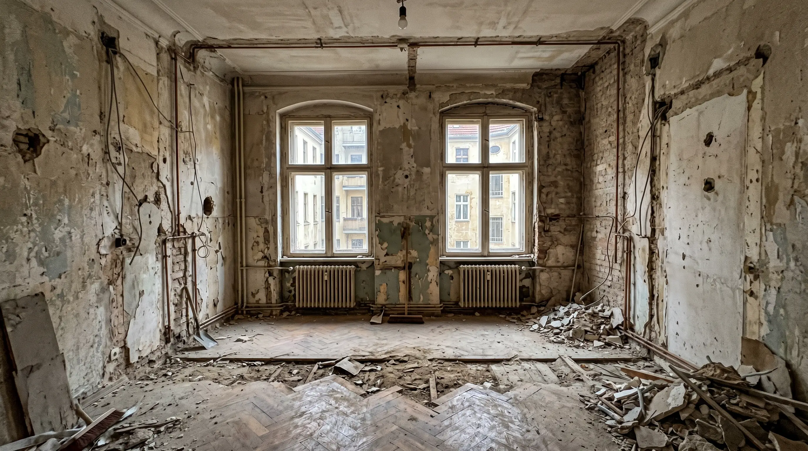 Altbau-Wohnung vor Entkernung — Schutt, alte Rohre, Putzschäden