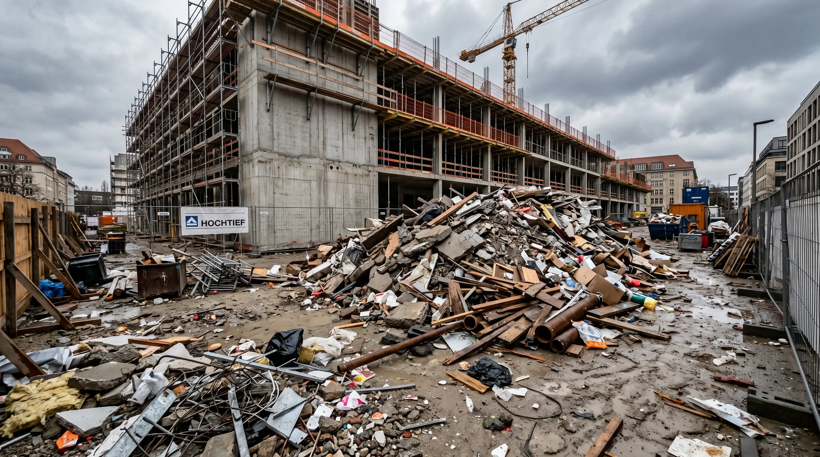 Baustelle vor DARE-Entsorgung — chaotischer Abfallmix